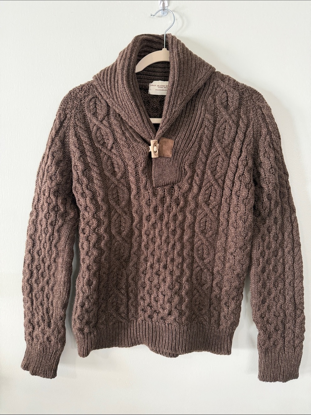 100% Pure New Wool Shawl Collar Cable Knit Cardigan Sweater - Brown